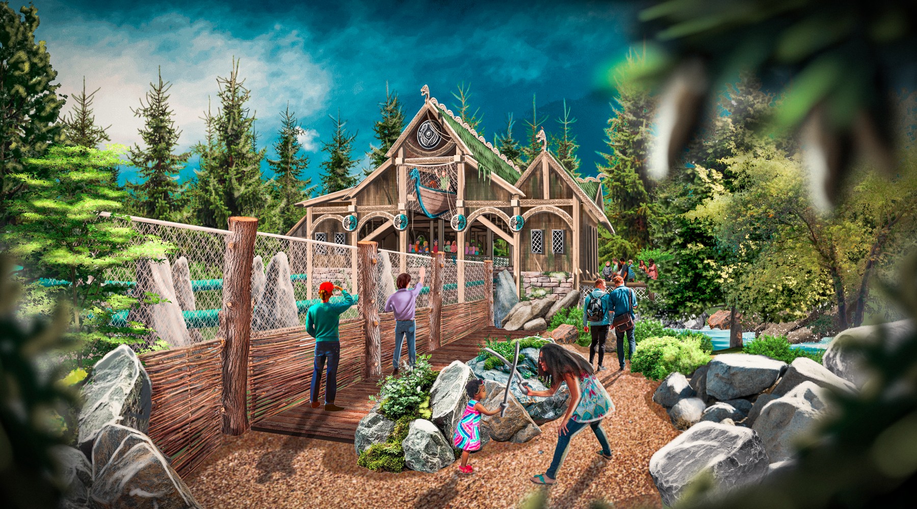Concept art of Midgårdsormen beside Norse-style buildings and a play area