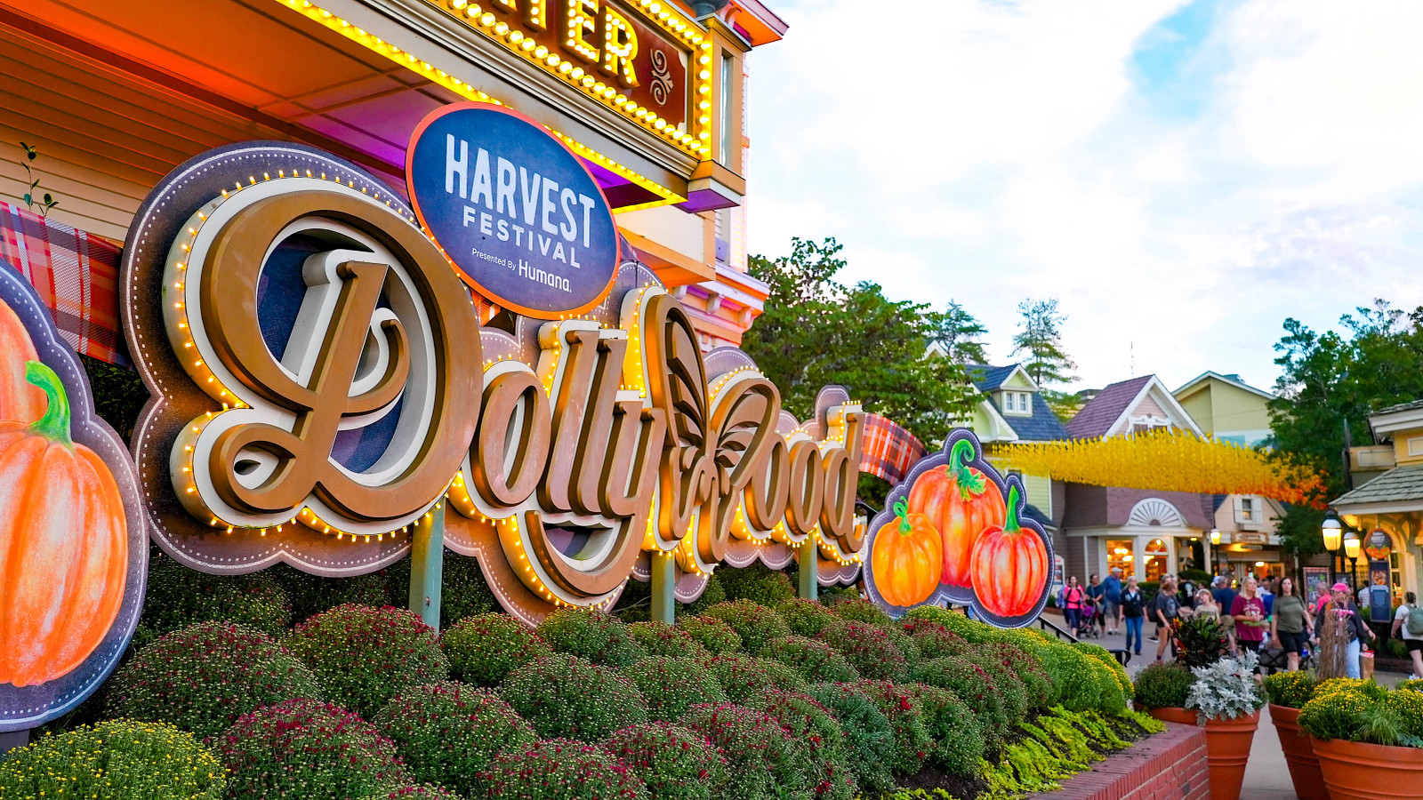 Dollywood Harvest Festival entrance display surrounded by pumpkins and autumn decorations