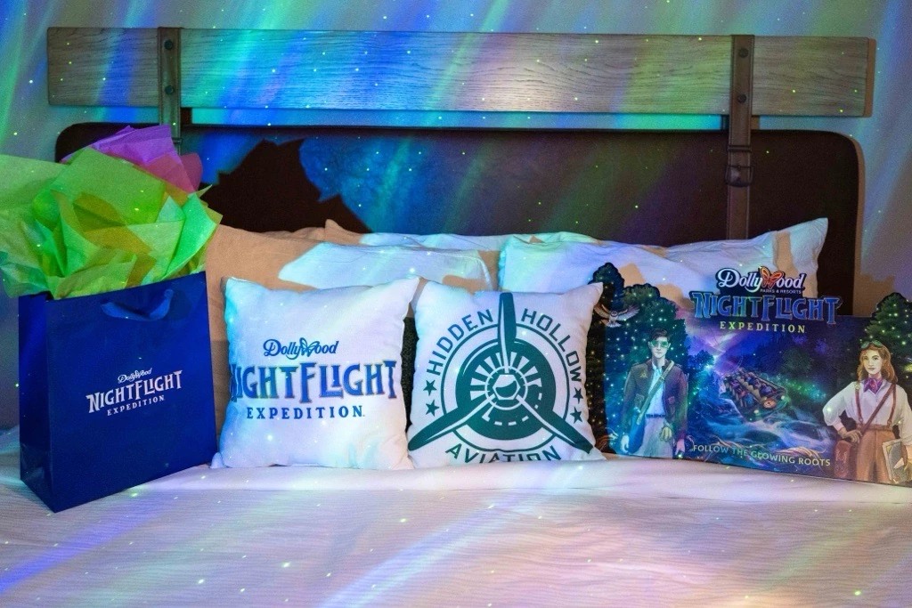 NightFlight Expedition merchandise and themed decor arranged in a Dollywood resort room