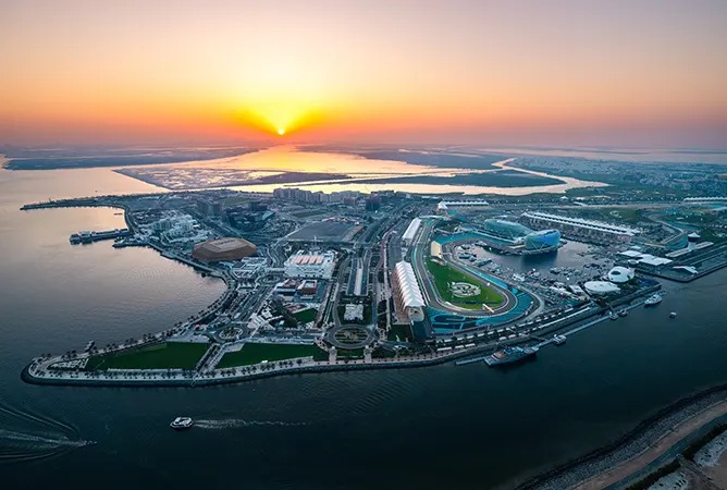 Aerial view of Yas Island in Abu Dhabi at sunset