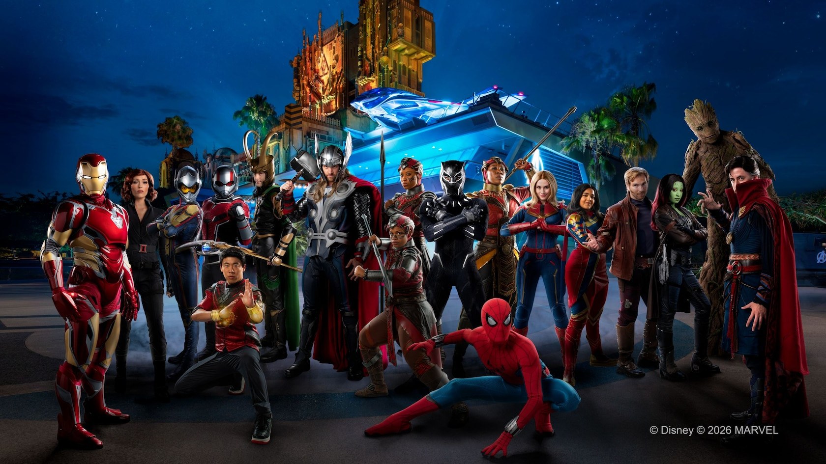 Marvel Super Heroes gathered in front of Avengers Headquarters at Disney California Adventure