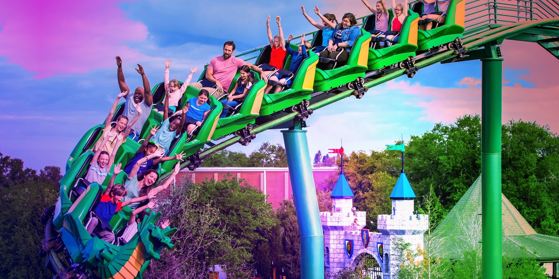 The Dragon family coaster with colorful Halloween lighting at LEGOLAND Florida