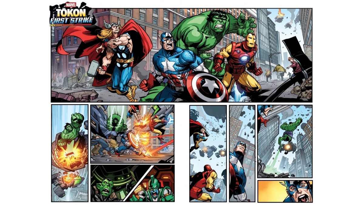 Comic art from MARVEL Tōkon: First Strike #1 showing Thor, Captain America, Hulk and Iron Man