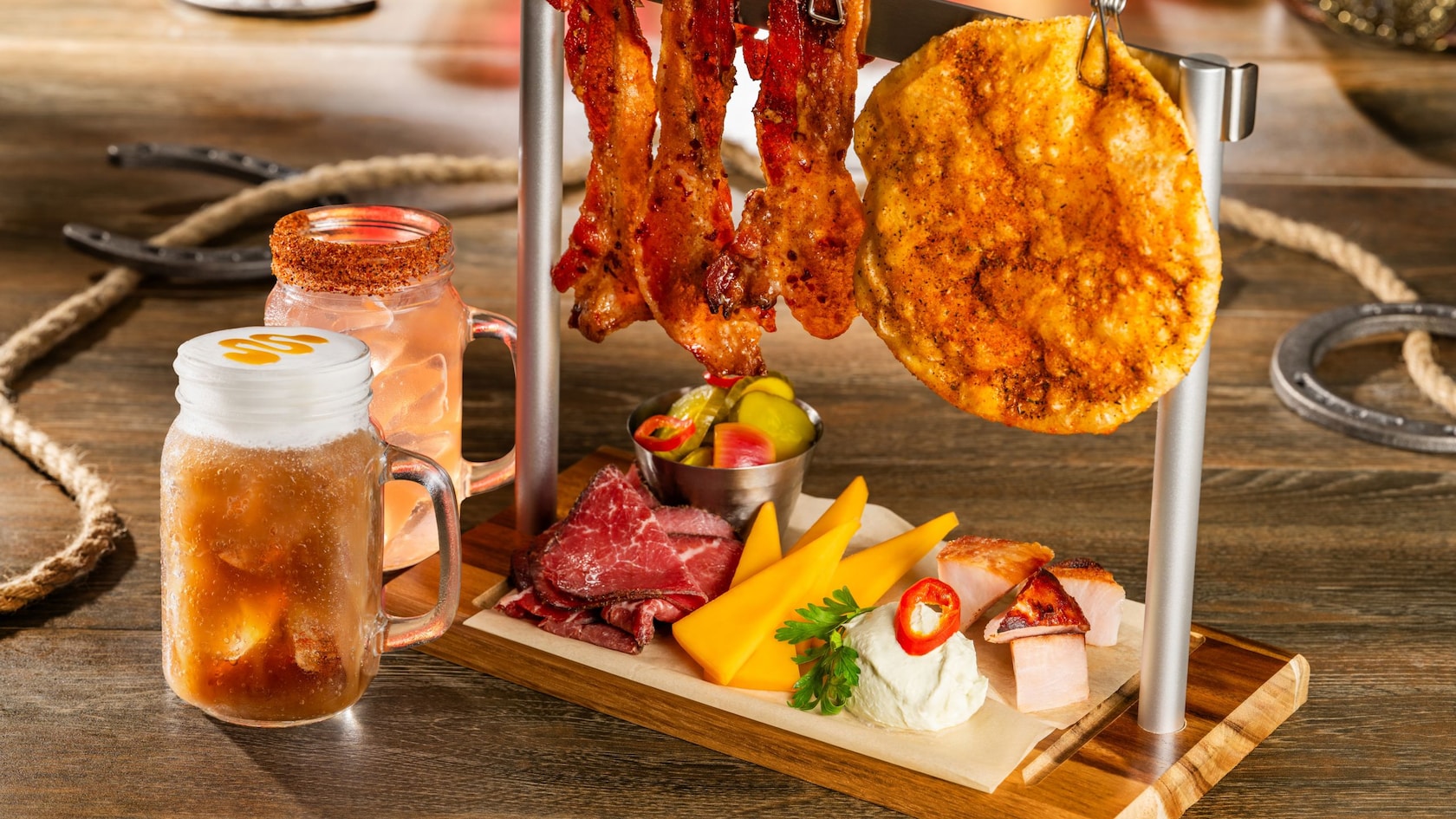 A platter of small plates and drinks photographed for The Diamond Horseshoe