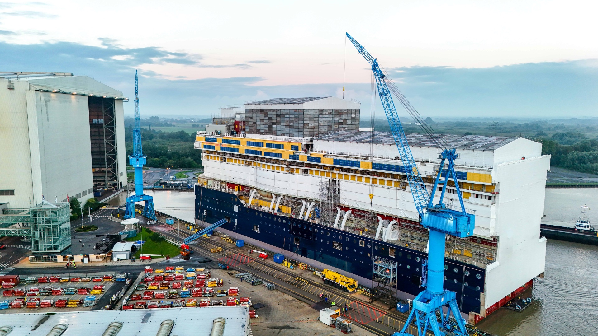 The first Disney Believe gigablock floating outside the Meyer Werft construction hall