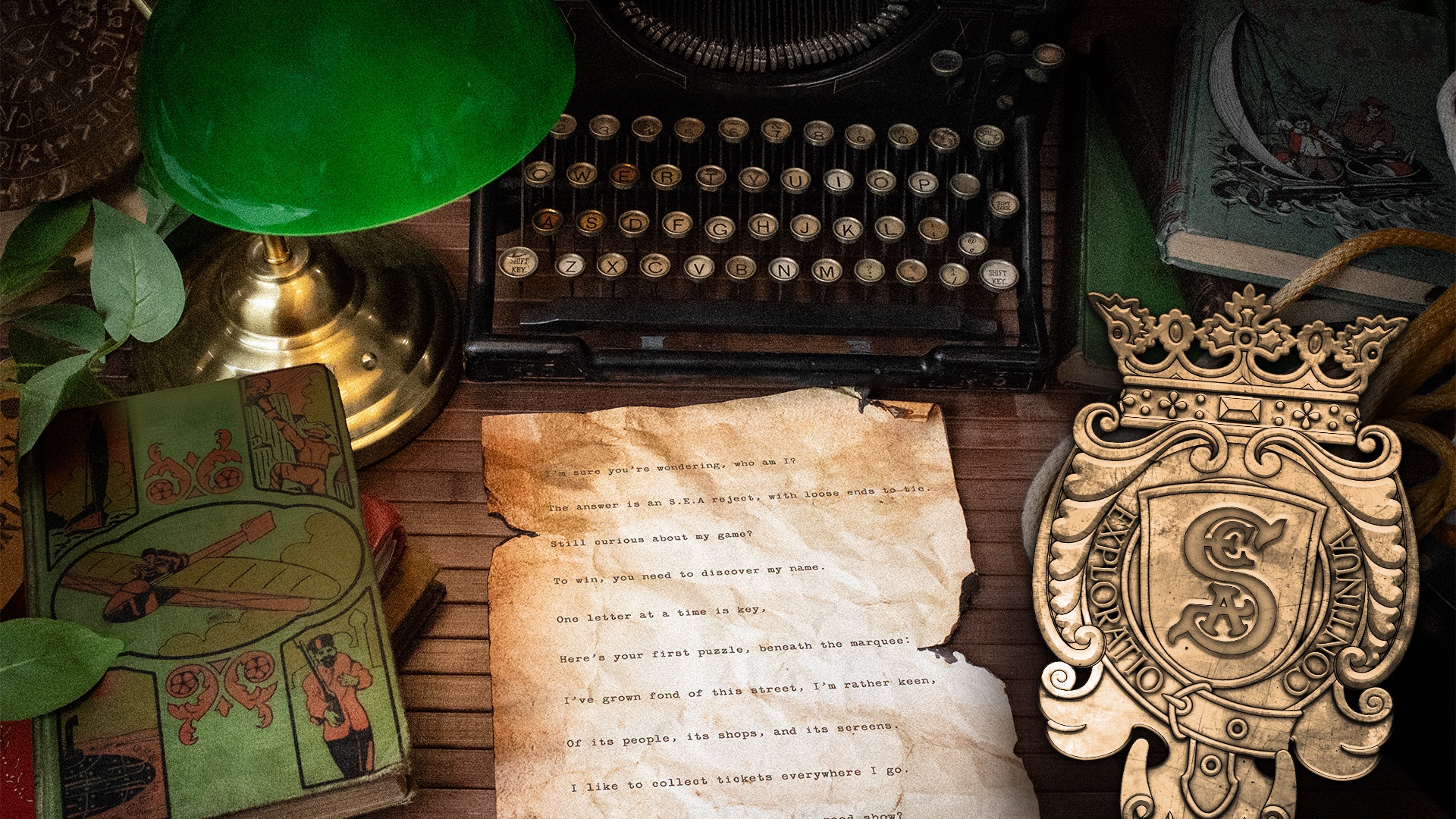 A S.E.A. crest, typewriter and riddle note in Disney’s official clue-hunt artwork