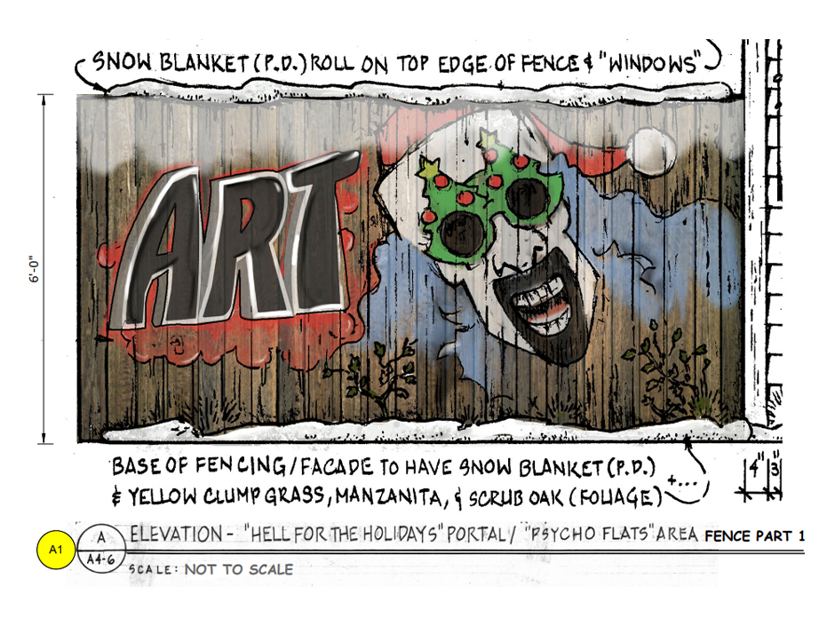Universal concept drawing for Art the Clown’s Christmas-themed Terror Tram backlot fencing