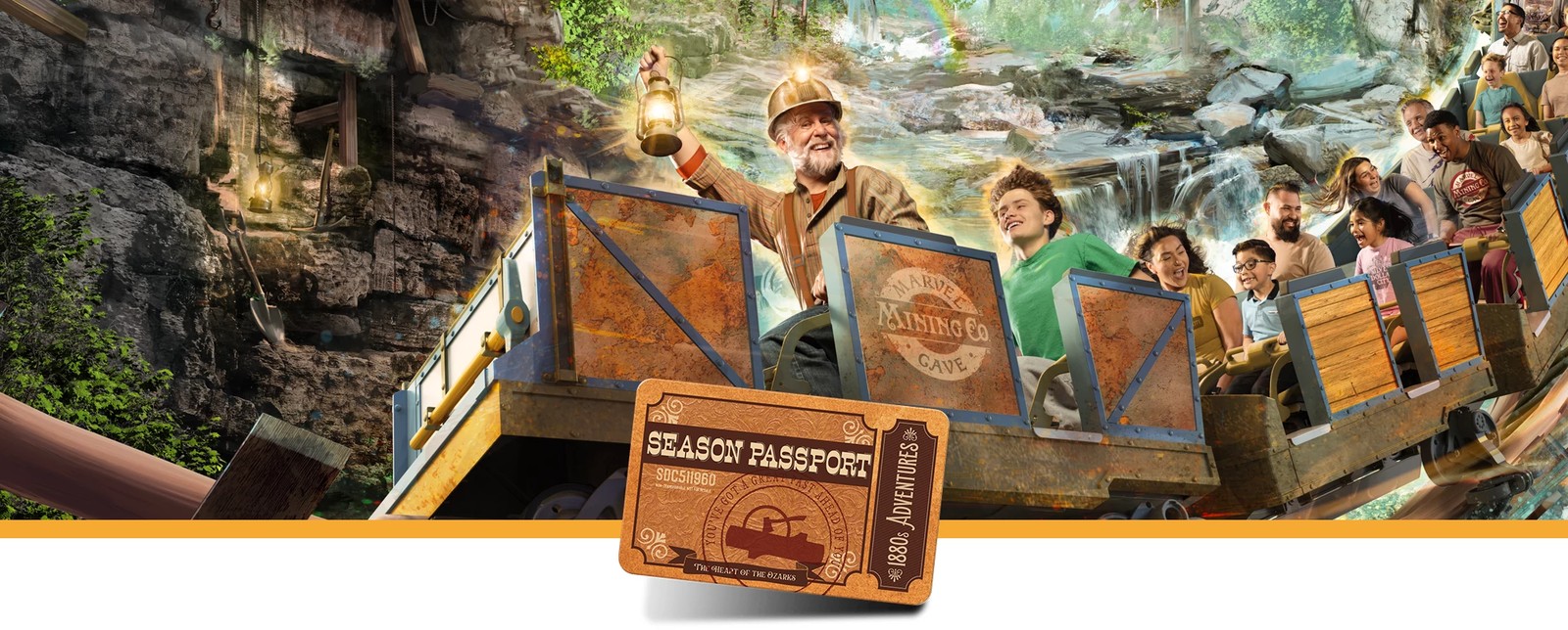 Families ride Miner’s Mountain Express beside a Silver Dollar City Season Passport