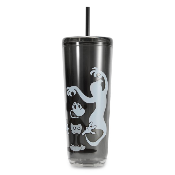 Mickey Mouse beside a ghost on a smoke-colored Haunted House Starbucks tumbler