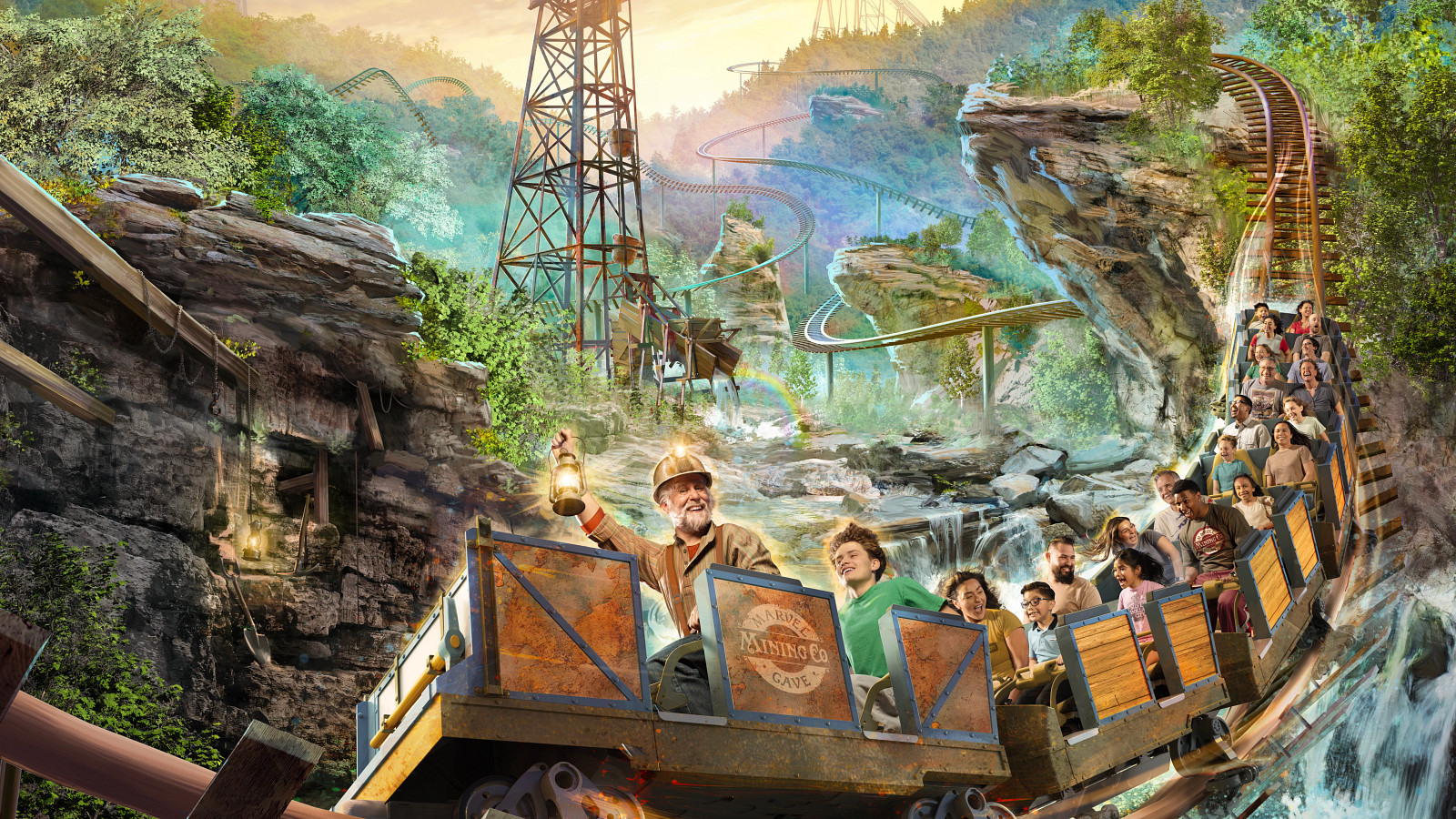 Concept art for Miner’s Mountain Express shows the planned family coaster crossing Ozark terrain
