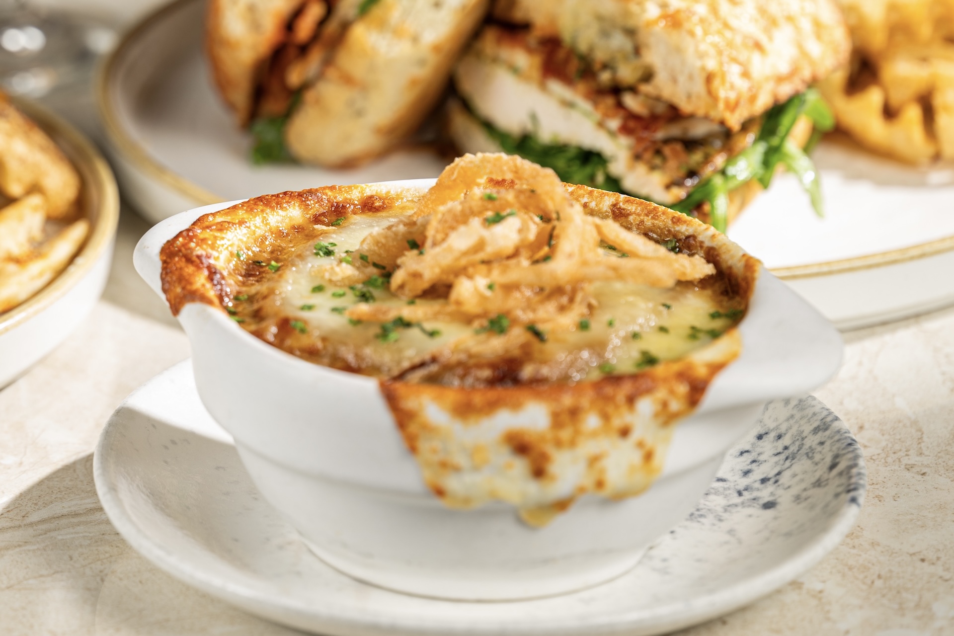 French onion soup topped with melted cheese