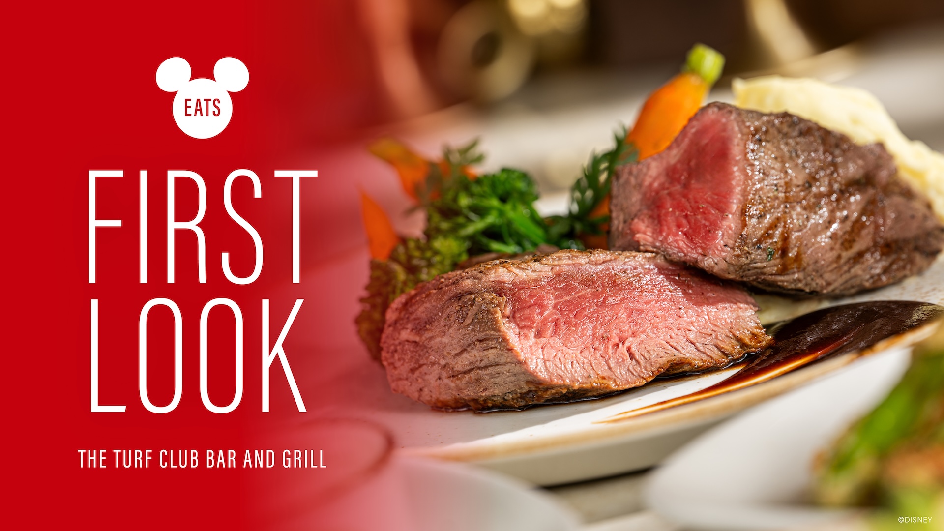 A Turf Club first-look graphic beside a plated steak