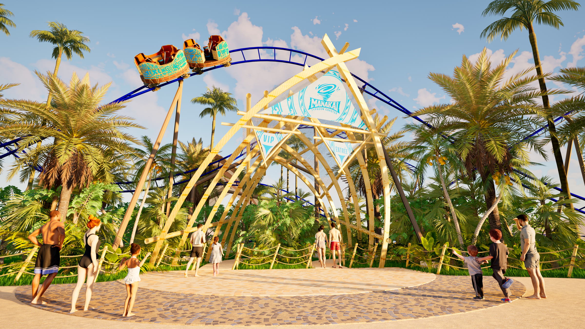 Concept rendering of the Manakai entrance, coaster track and vehicles at O’Gliss Park