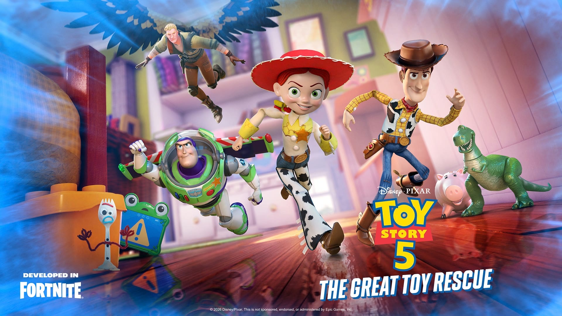 Woody, Buzz Lightyear, Jessie and Fortnite characters race through Bonnie’s room in Toy Story 5: The Great Toy Rescue key art