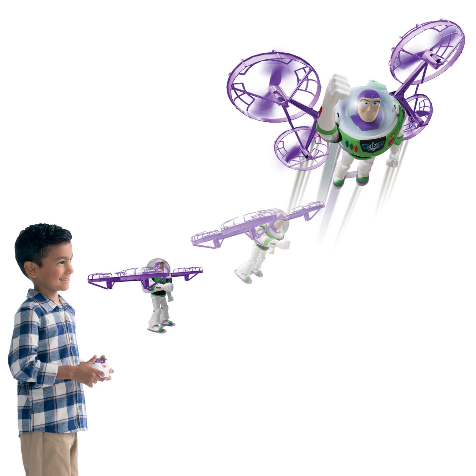 Flying Buzz Lightyear figure beside its remote control