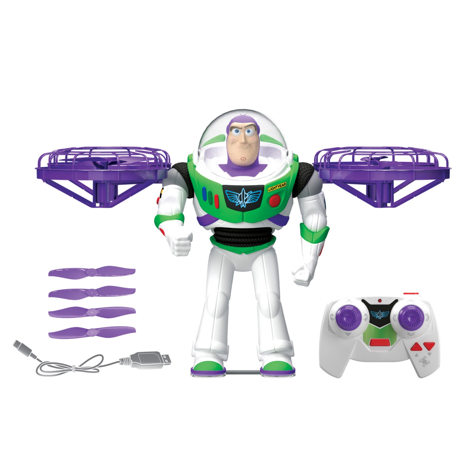 Toy Story 5 Flying Buzz Lightyear figure with spare propellers and charging cable