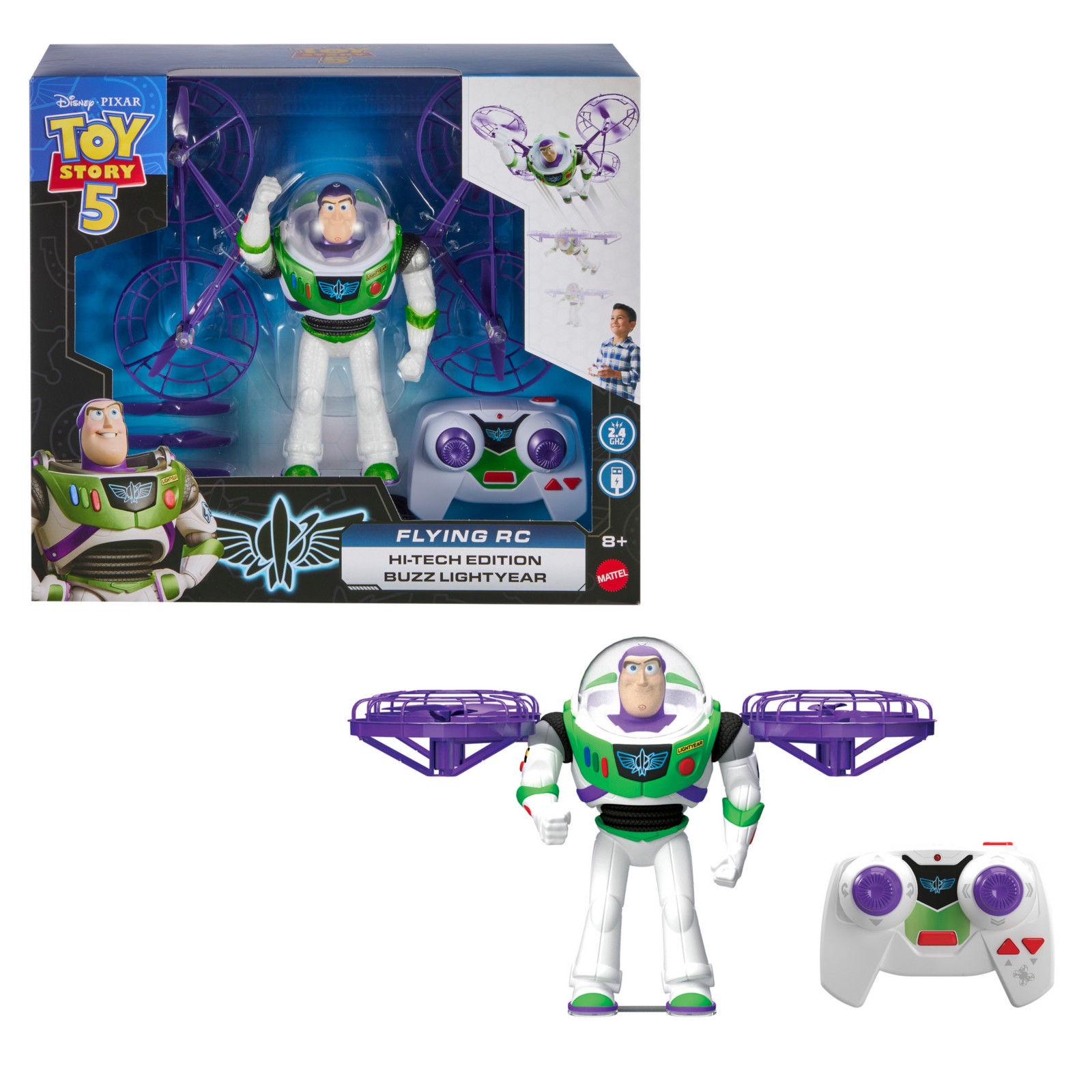 Toy Story 5 Flying Buzz Lightyear figure, remote control, and propeller guards from Disney Store