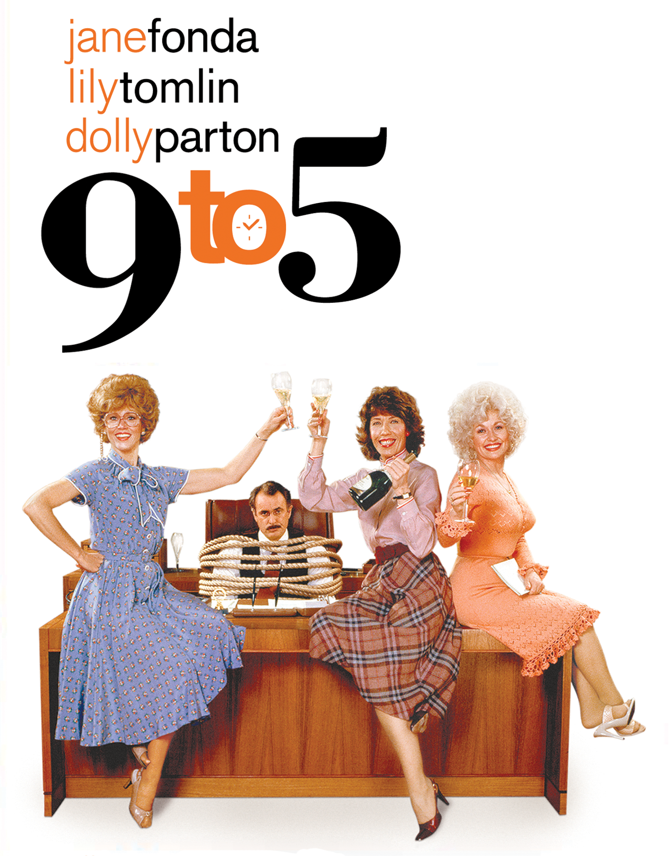 Official 9 to 5 key art featuring Jane Fonda, Lily Tomlin, Dolly Parton and Dabney Coleman