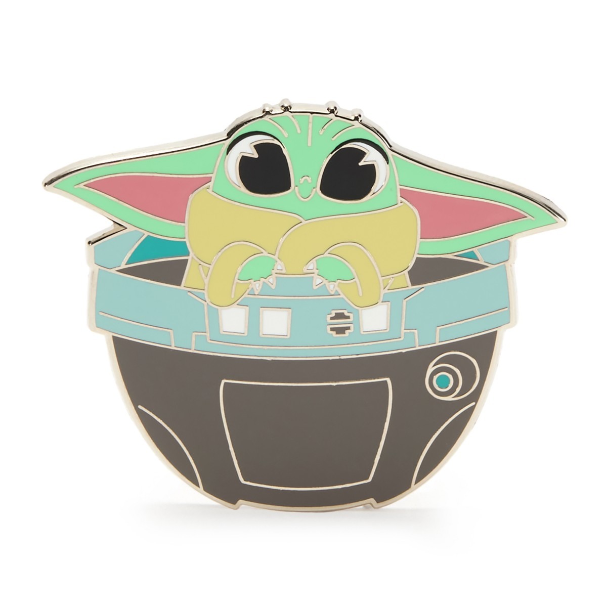 Grogu peeking from his hover pram on a Disney Store cloisonne pin