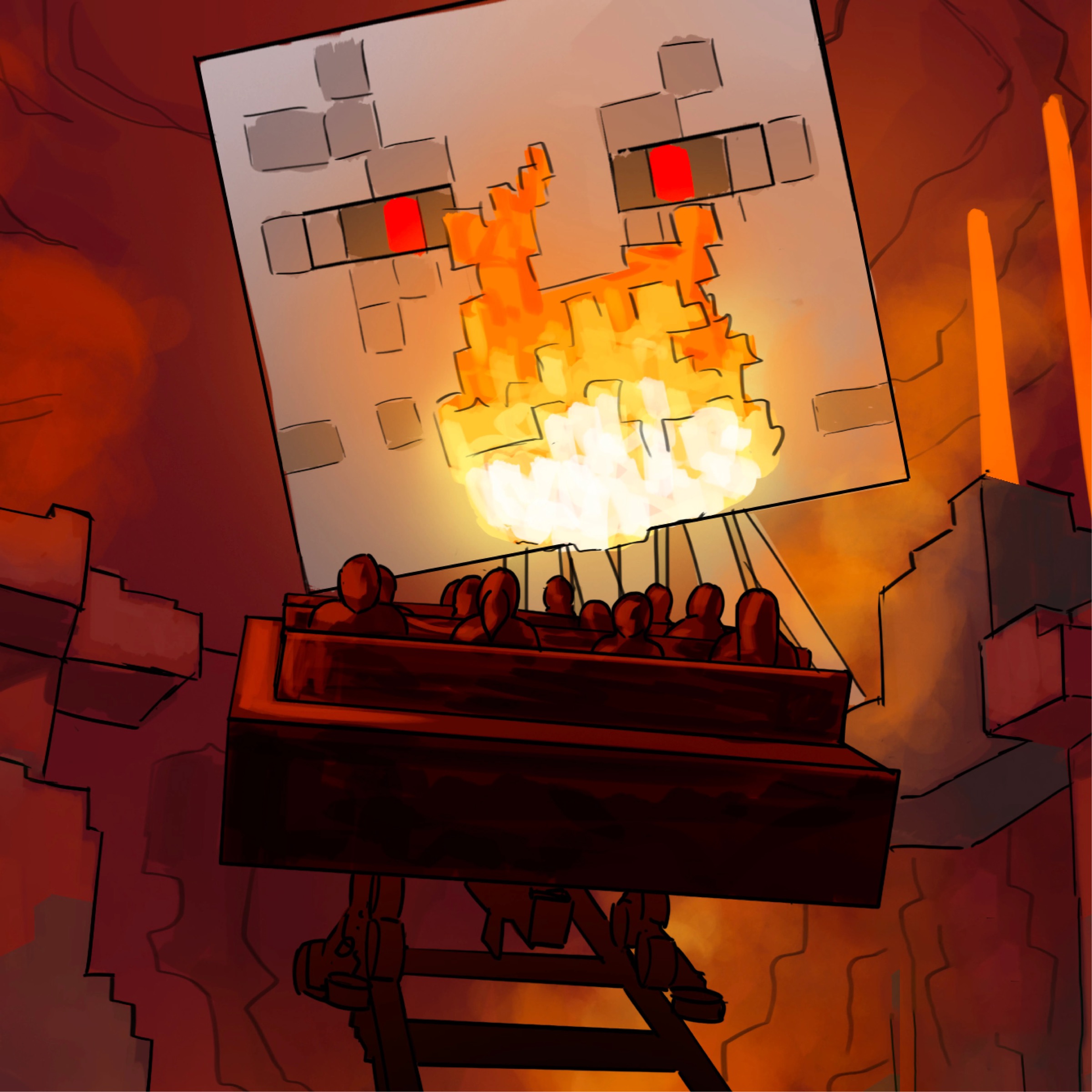 Escape the Nether concept art shows riders in a minecart racing through the Minecraft Nether