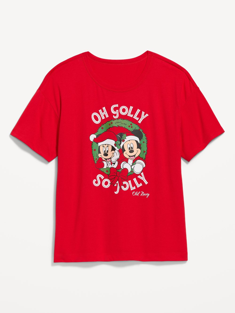 Red Old Navy x Disney Mickey and Minnie holiday wreath T-shirt laid flat