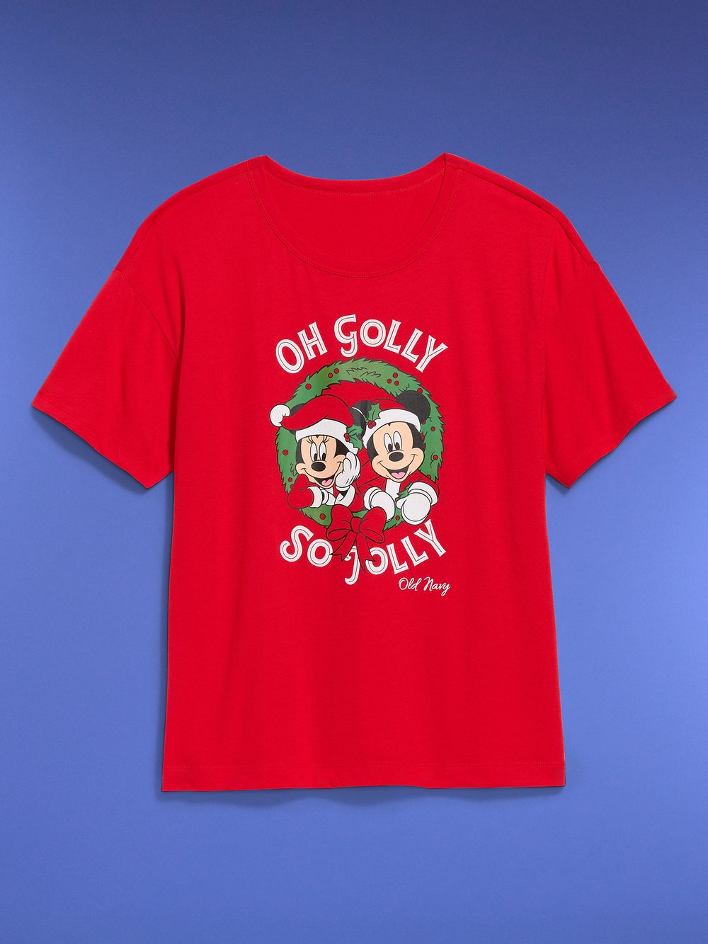 Old Navy x Disney holiday wreath T-shirt on a blue background