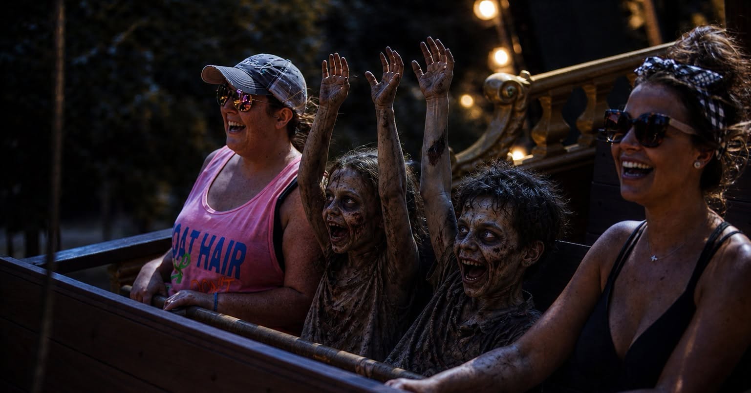 Two children in Halloween creature makeup ride with adult guests at Alabama Adventure