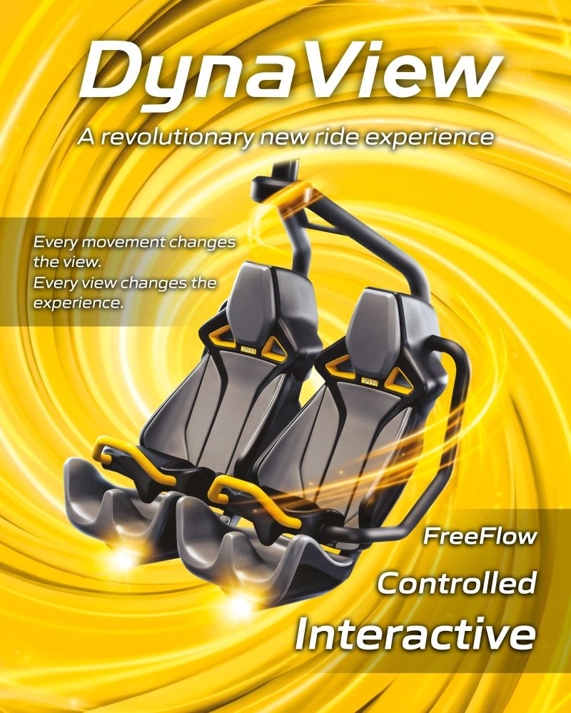 HUSS DynaView promotional artwork showing two black-and-yellow ride seats