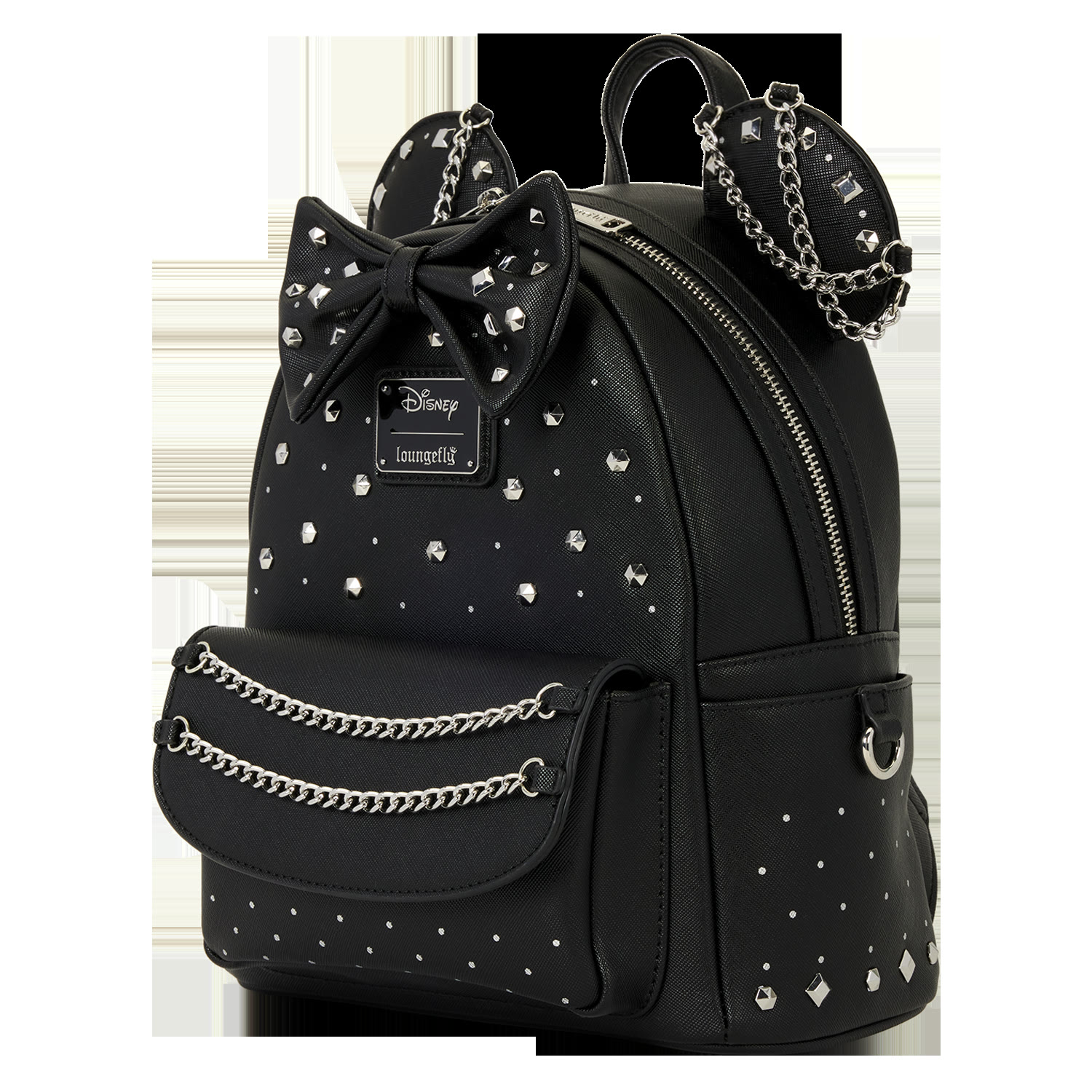 Angled view of the Minnie Mouse Studs and Chains mini backpack