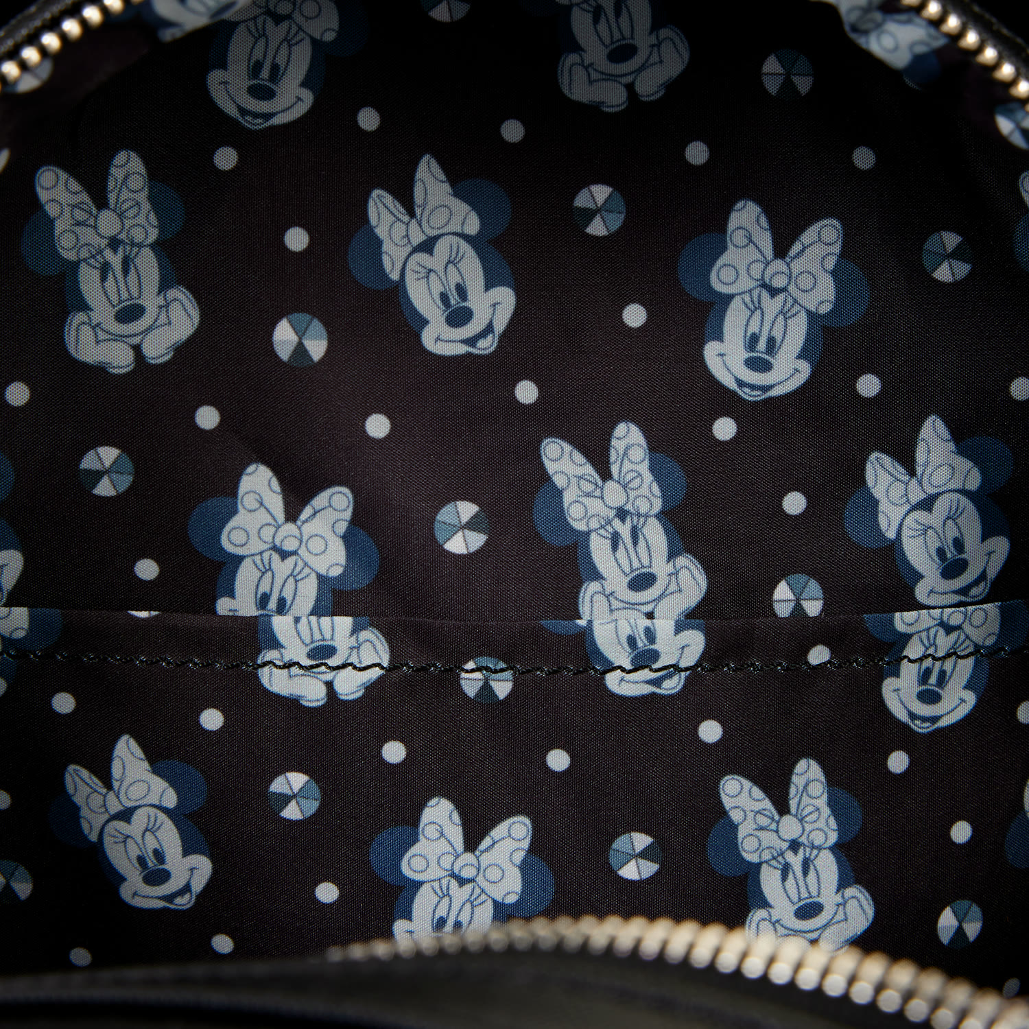 Back and interior views of the Minnie Mouse Studs and Chains mini backpack