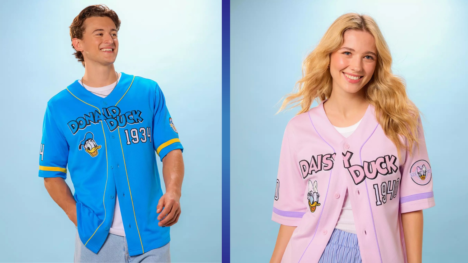 Donald Duck and Daisy Duck baseball jerseys from Disney's fall jersey lineup