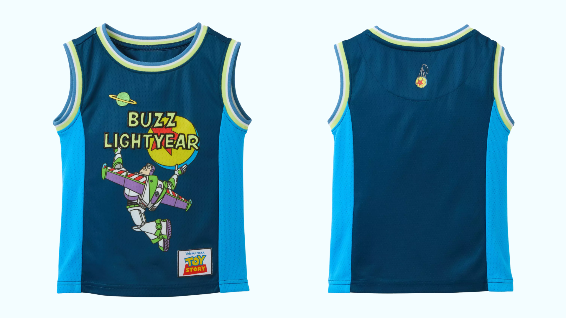 Blue Buzz Lightyear basketball jersey shown from the front and back