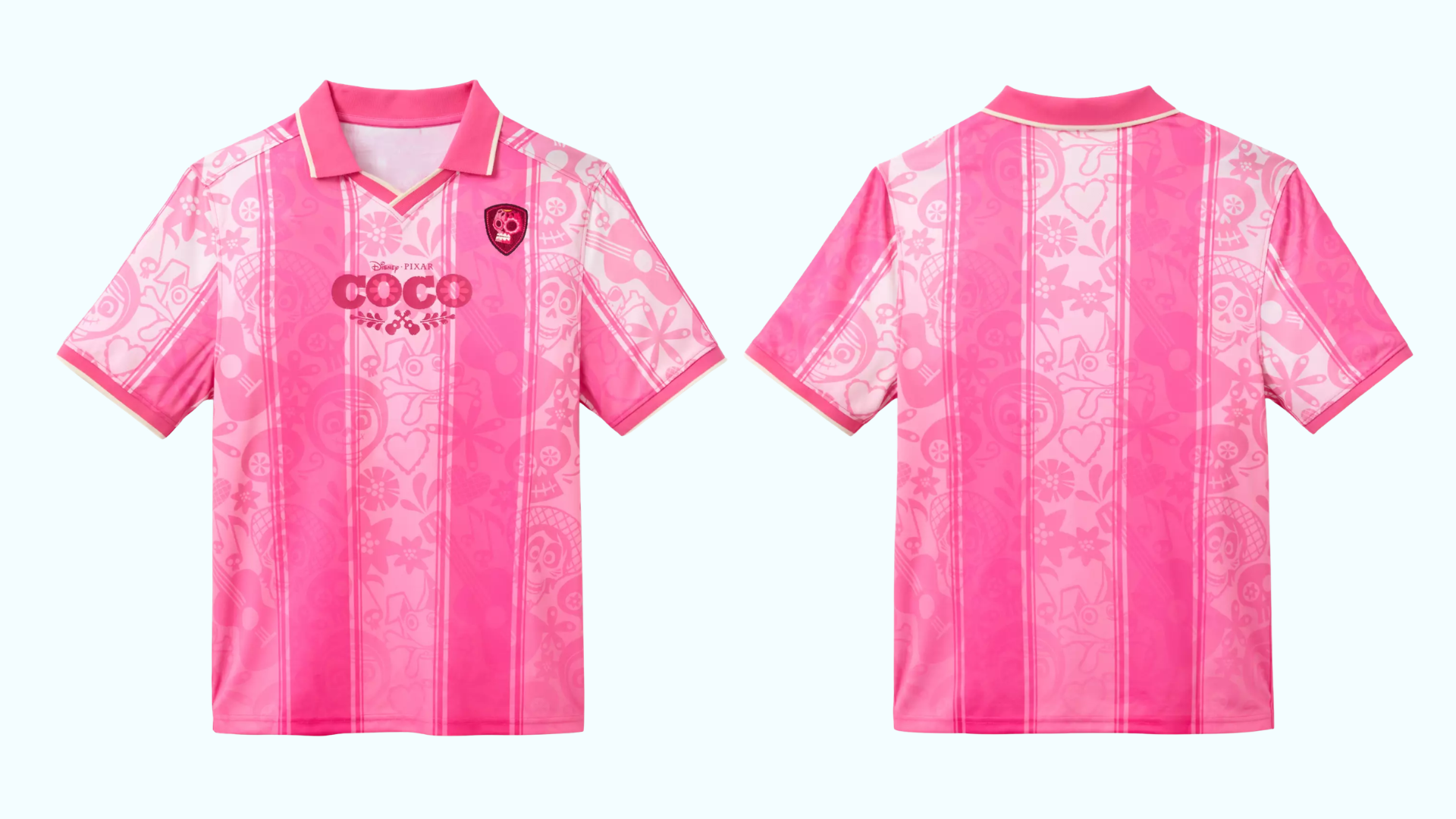 Pink and white Coco soccer jersey shown from the front and back