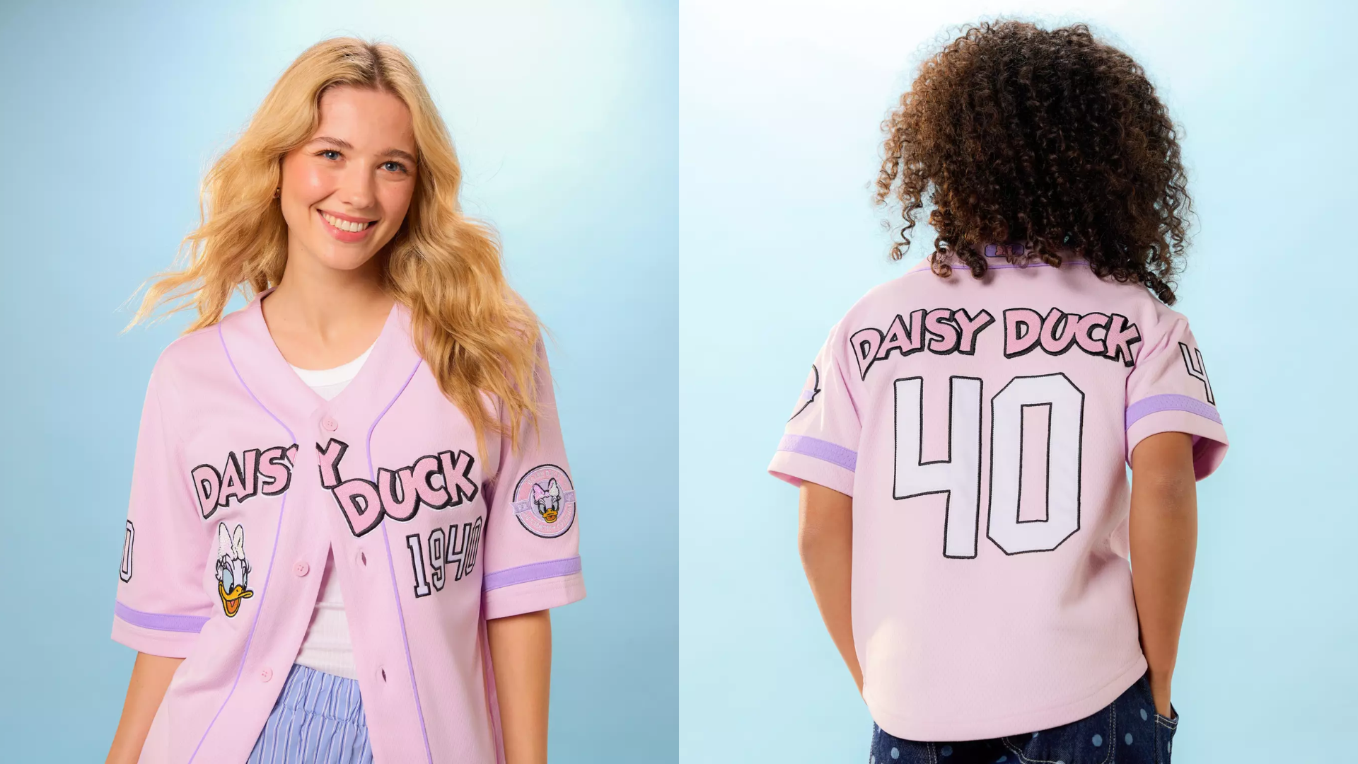 Pink and purple Daisy Duck baseball jersey shown from the front and back