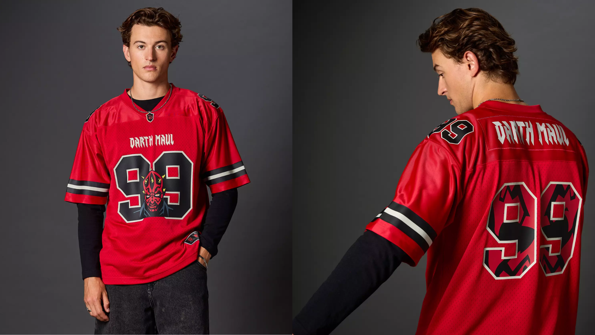 Red Darth Maul football jersey shown from the front and back