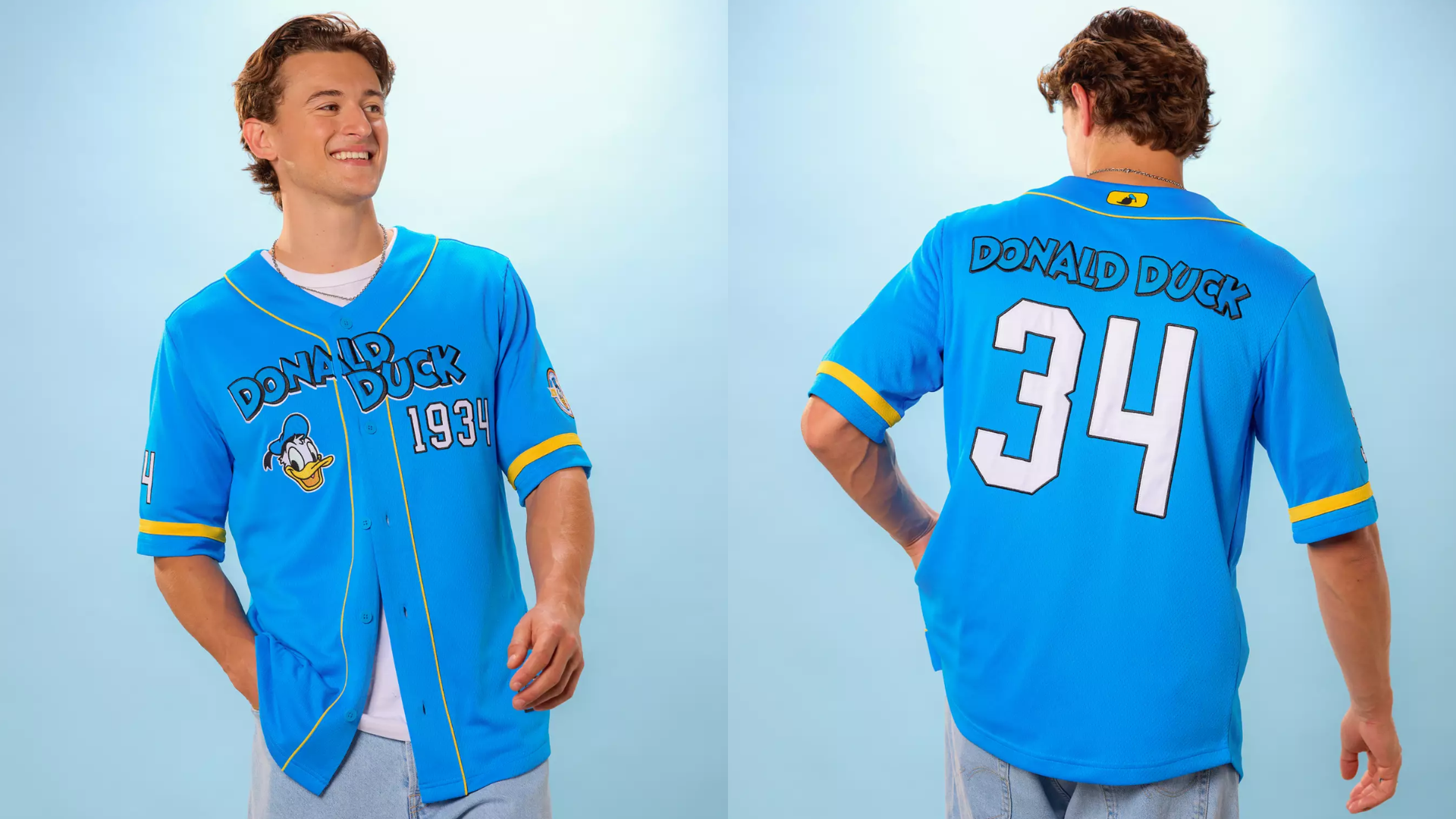 Blue Donald Duck baseball jersey shown from the front and back