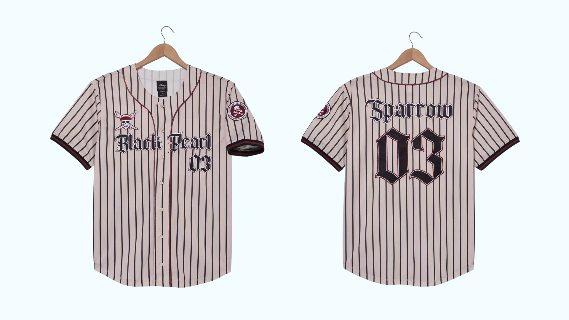 Black Pearl pinstriped baseball jersey shown from the front and back