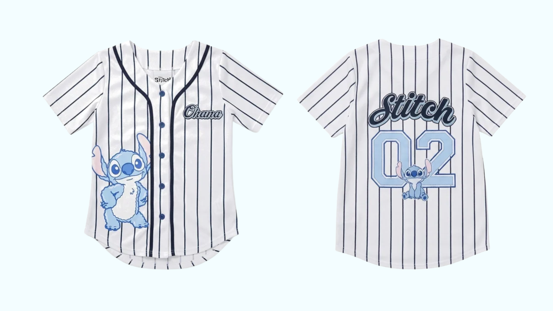 White pinstriped Stitch baseball shirt shown from the front and back