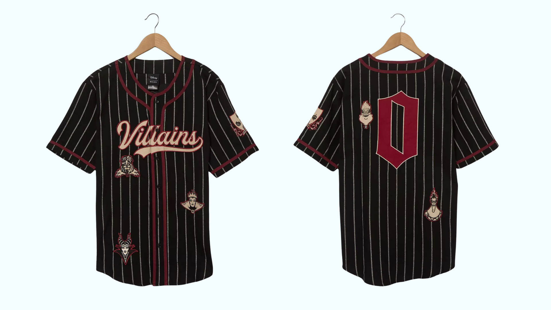 Black pinstriped Disney Villains baseball jersey shown from the front and back