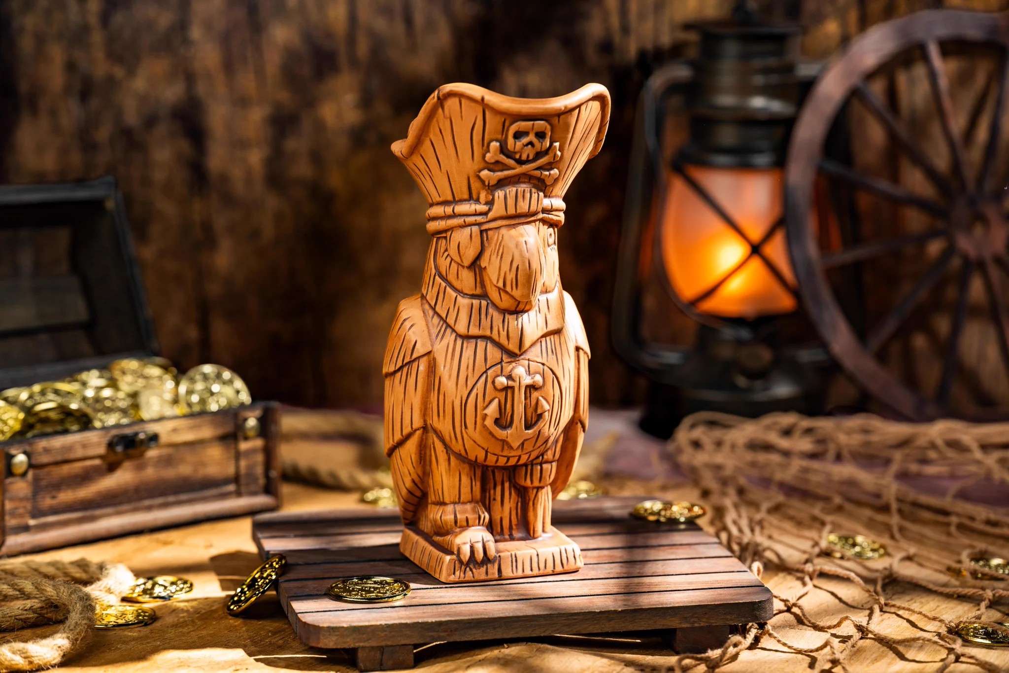 Pirate Parrot Mug displayed in a tavern setting with lanterns, coins and rope
