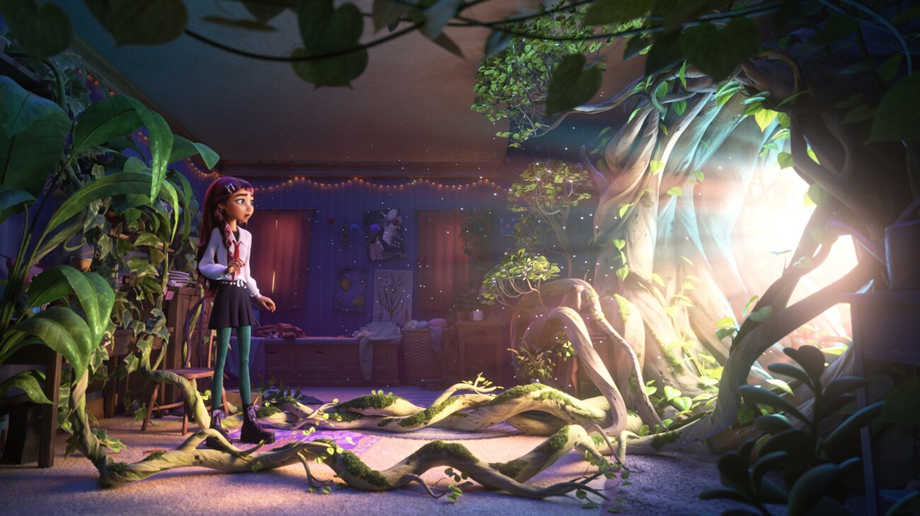Billie Doe stands in a bedroom overtaken by magical vines in Disney’s Hexed