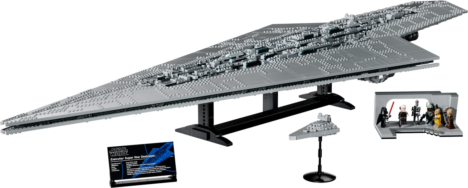 LEGO Star Wars Executor Super Star Destroyer display model with stands, plaque and minifigure scene