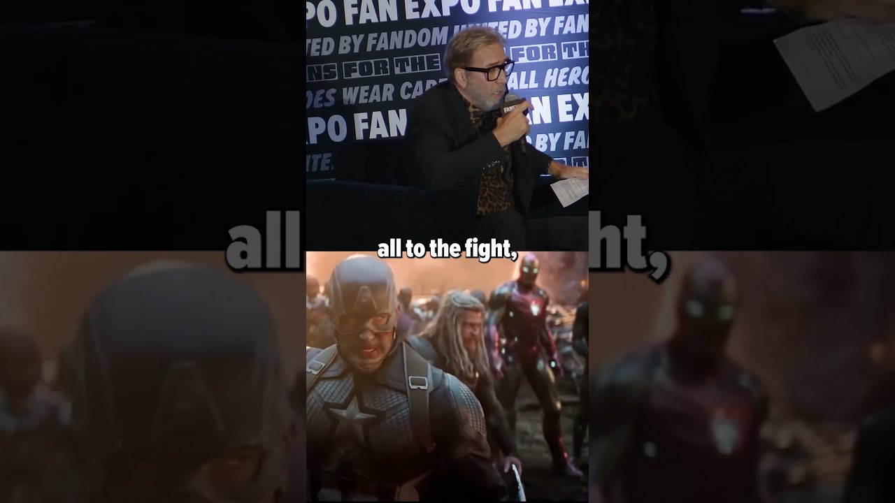 Nicolas Cage speaks into a microphone during the FAN EXPO video about the Marvel Cinematic Universe