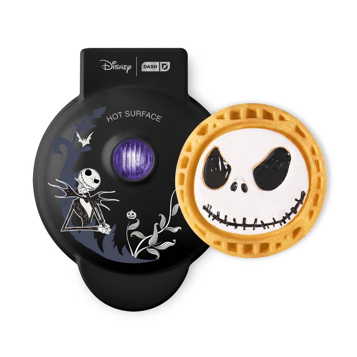 Black Dash Jack Skellington mini waffle maker beside a Jack-face waffle