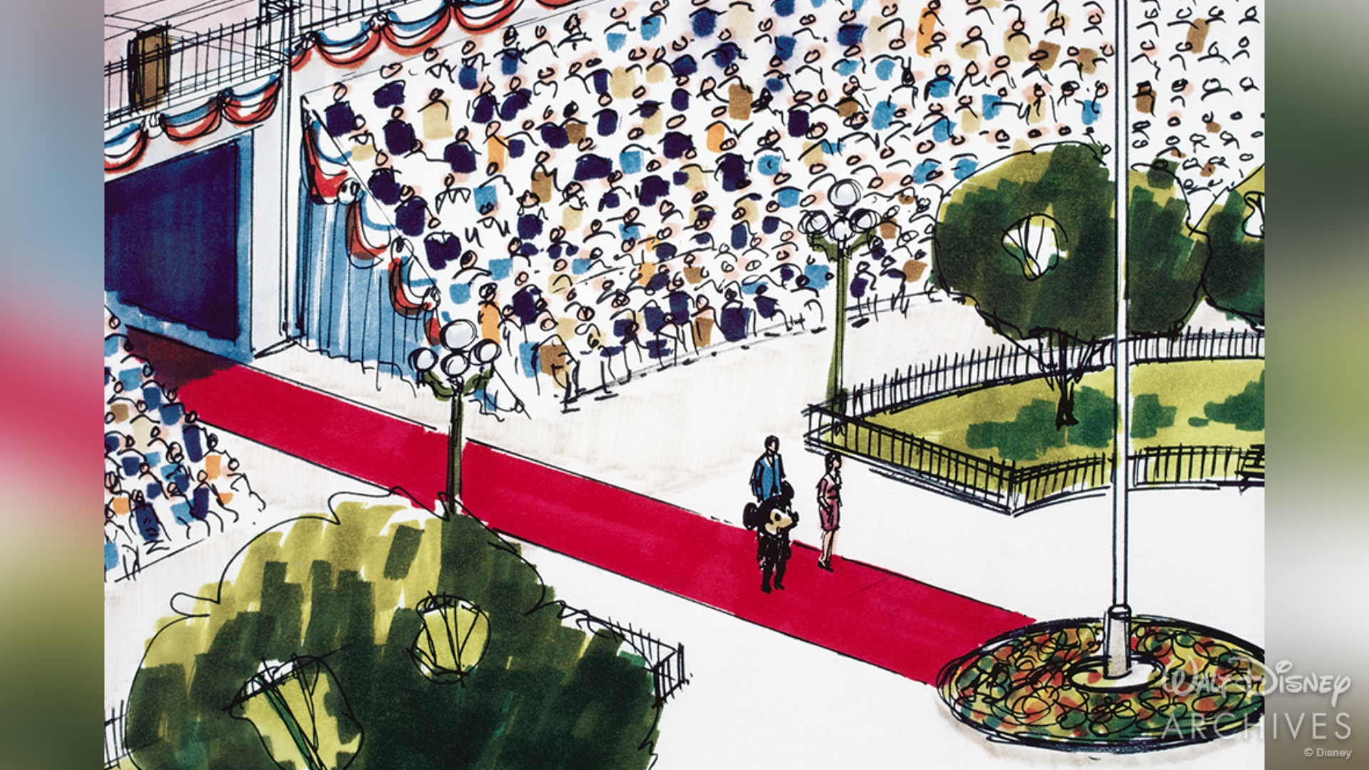 Concept art maps the 1971 Walt Disney World grand opening dedication ceremony in Town Square