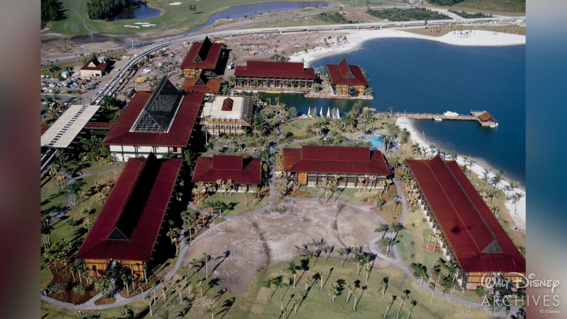 An aerial view shows Disney’s Polynesian Village Resort and its original longhouses in November 1971