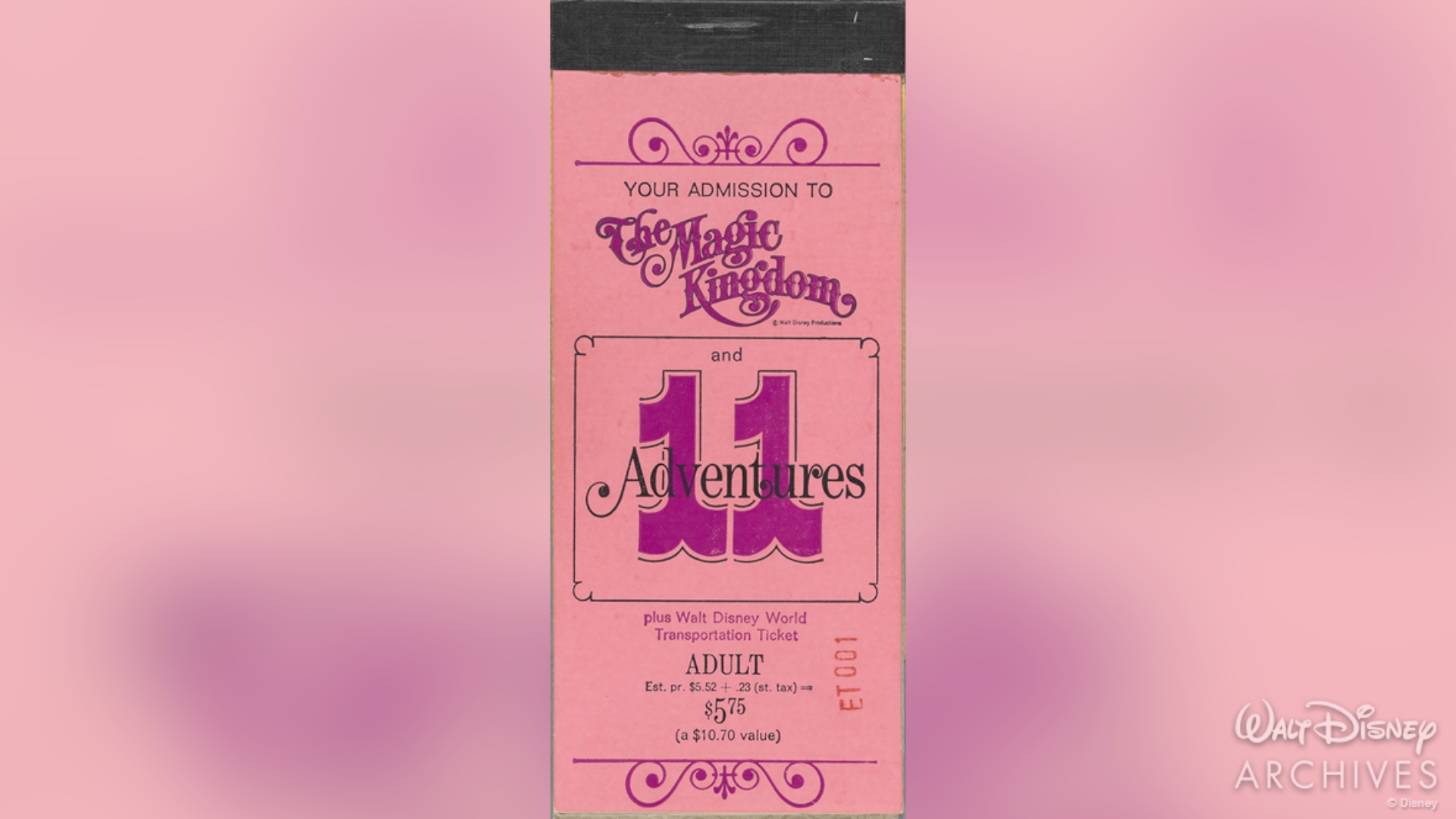 A pink 1971 Walt Disney World adult ticket book lists 11 adventures and transportation