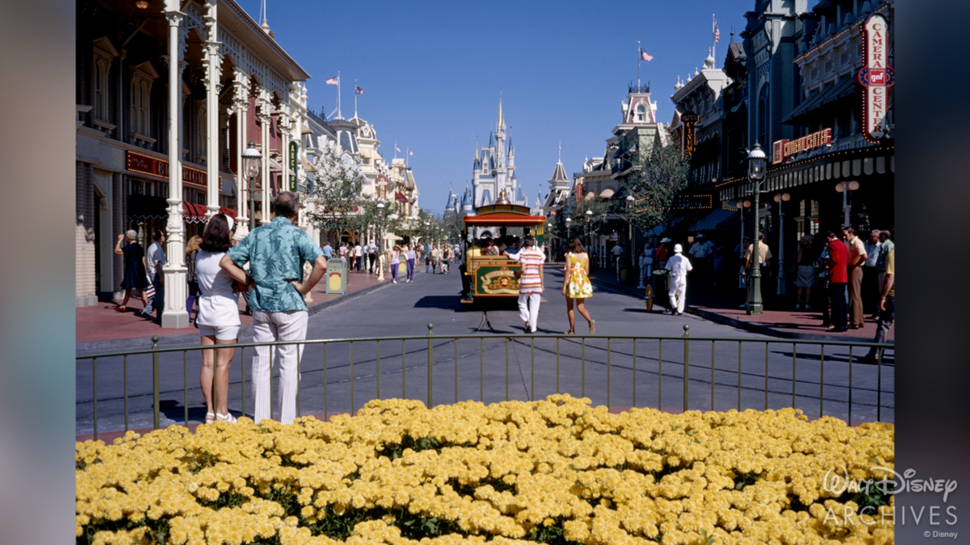 Guests look down Main Street, U.S.A. toward Cinderella Castle in November 1971