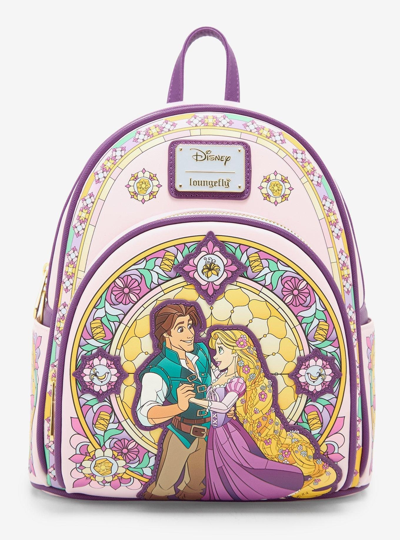 Tangled stained-glass Loungefly mini backpack featuring Rapunzel and Flynn