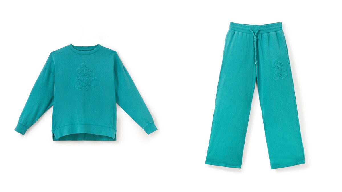 Teal Mickey Mouse pullover sweatshirt and matching wide-leg lounge pants